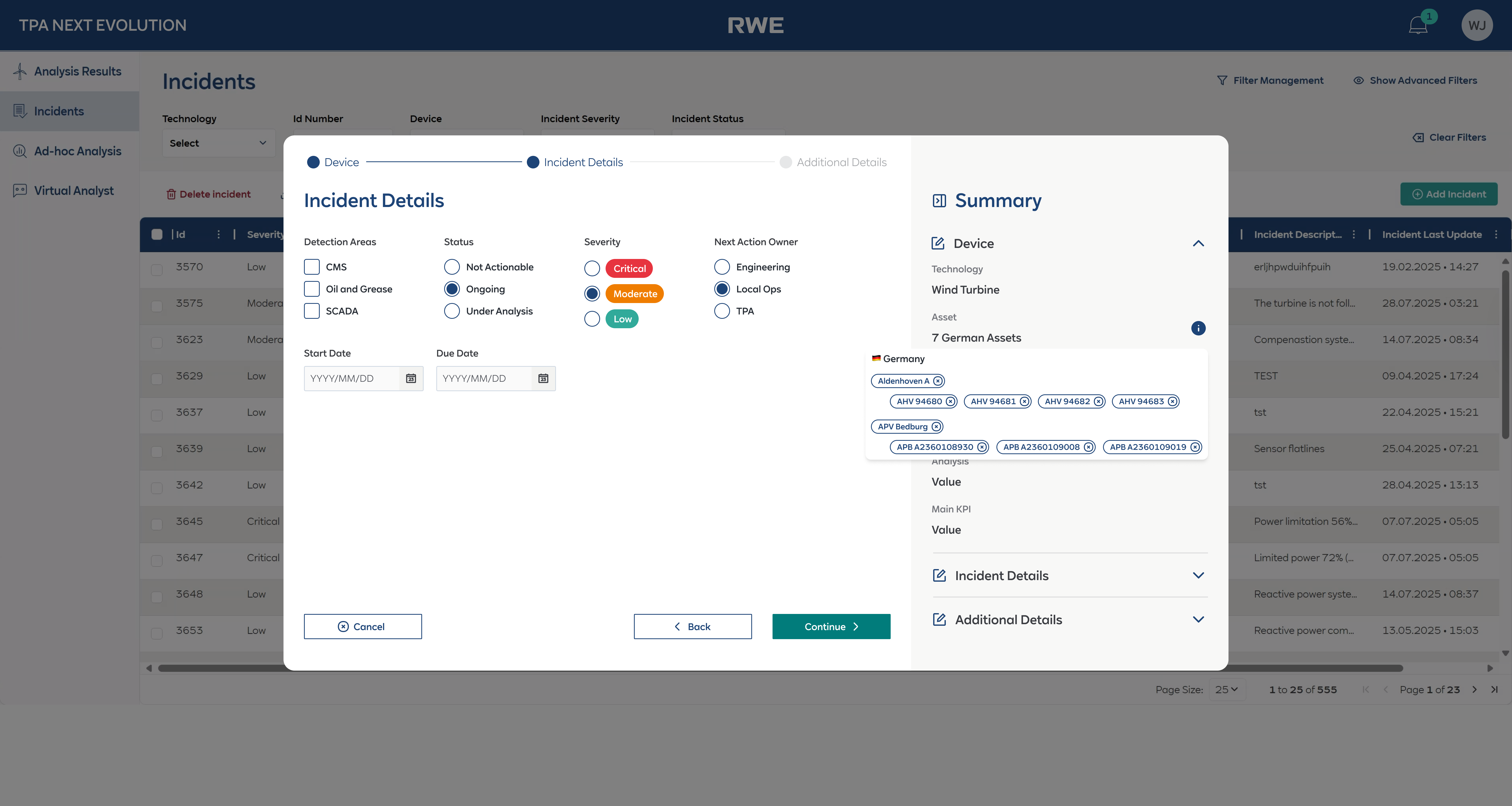 Step 2 — Incident Details with severity, detection areas, status, and live Summary sidebar